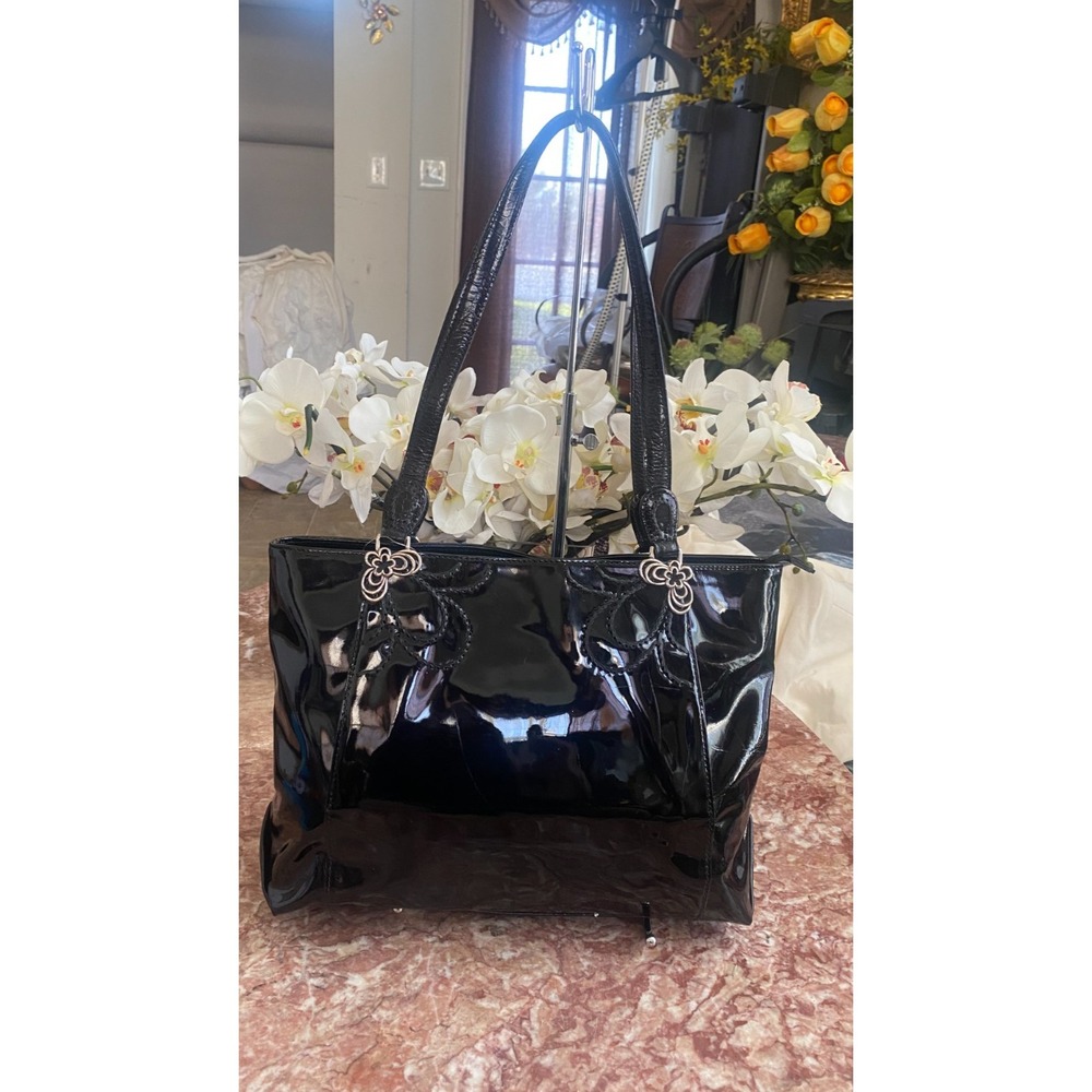 Brighton Black Patent Leather Metal Floral Medium Tote Shoulder Bag EUC! $399